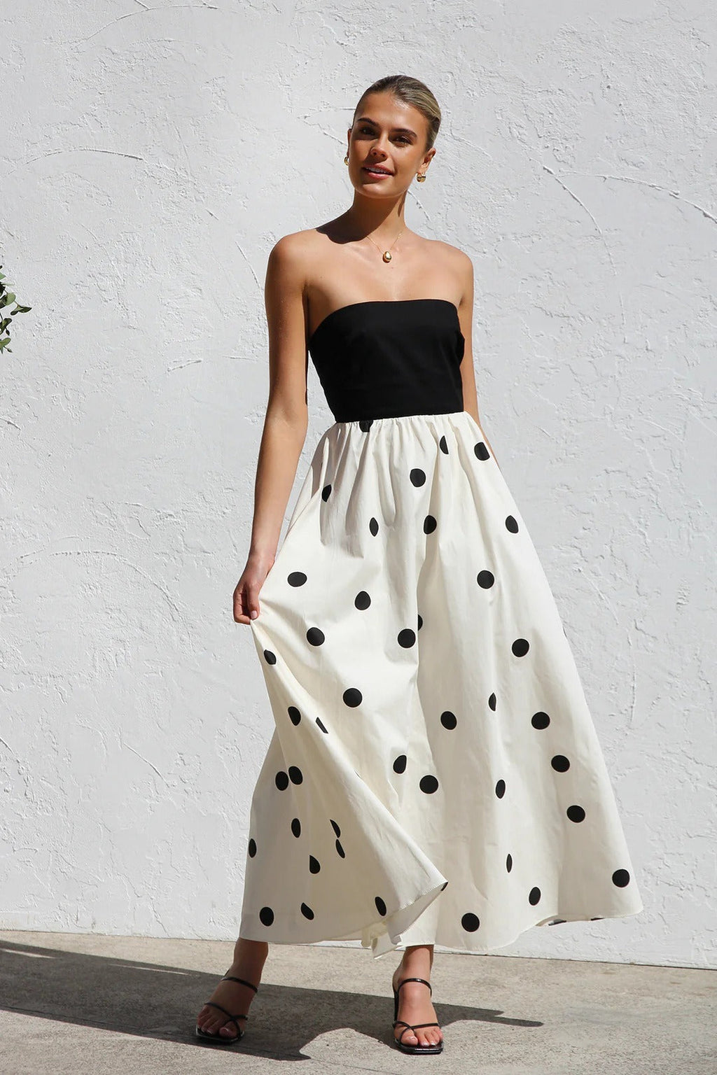 Polka Dot Strapless A-Line Maxi Dress