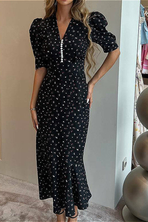 Floral V-Neck Ruffle Short-Sleeve Dress