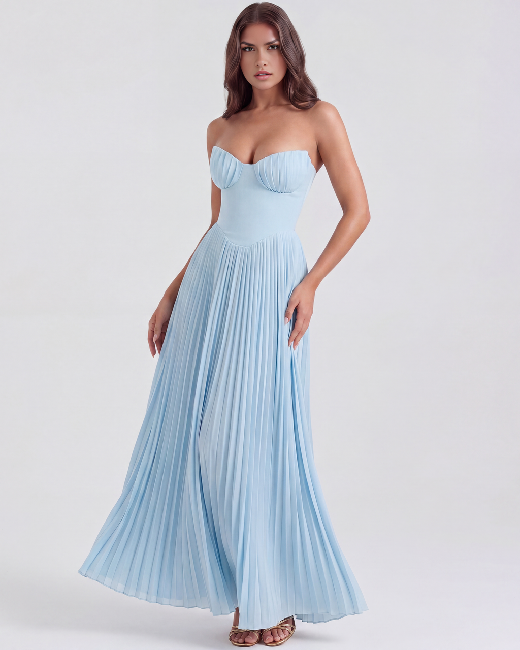 Siena Ocean-Blue Georgette Pleated Maxi Dress