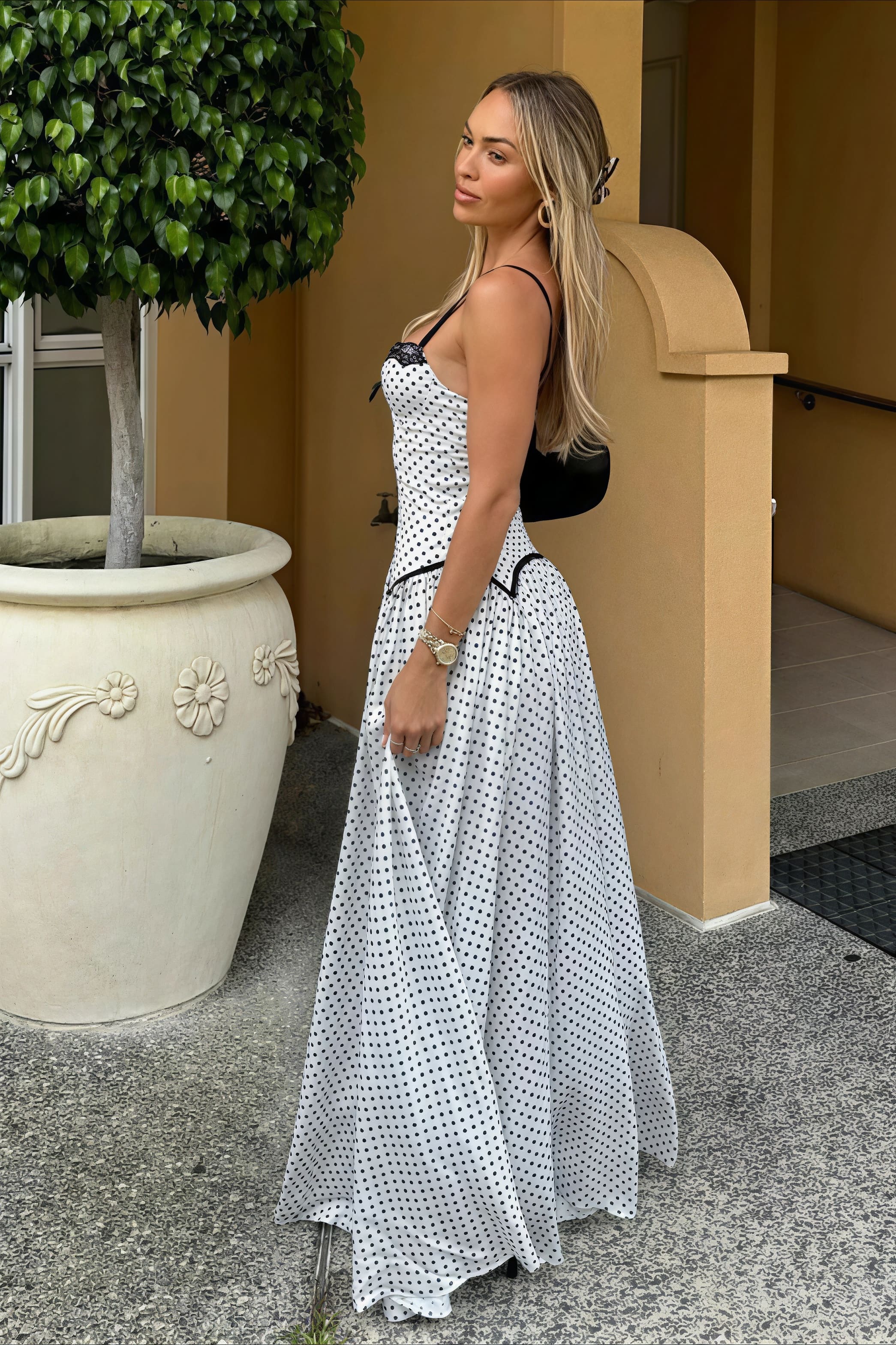 Polka Dot Lace Spaghetti-Strap Maxi Dress