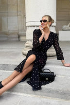 Polka Dot V-Neck Long-Sleeve Maxi Dress
