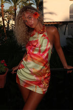 Floral Satin Halter Backless Dress