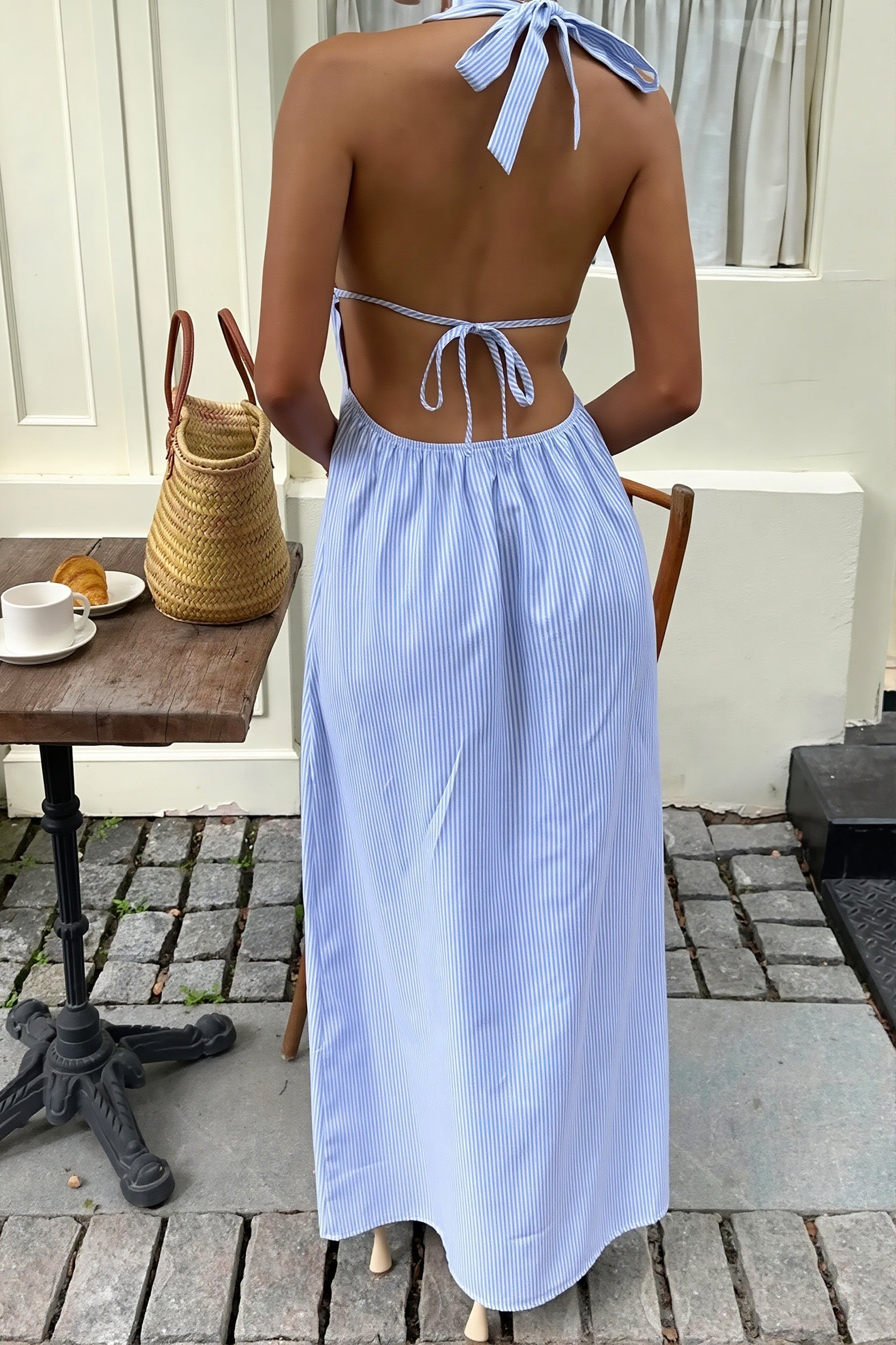 Stripe Halter Lace-Up Backless Maxi Dress