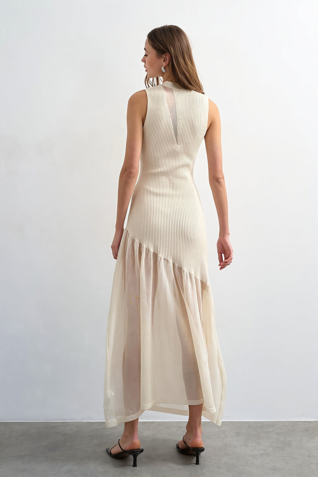 Ribbed-Knit Mesh-Splice Maxi Dress