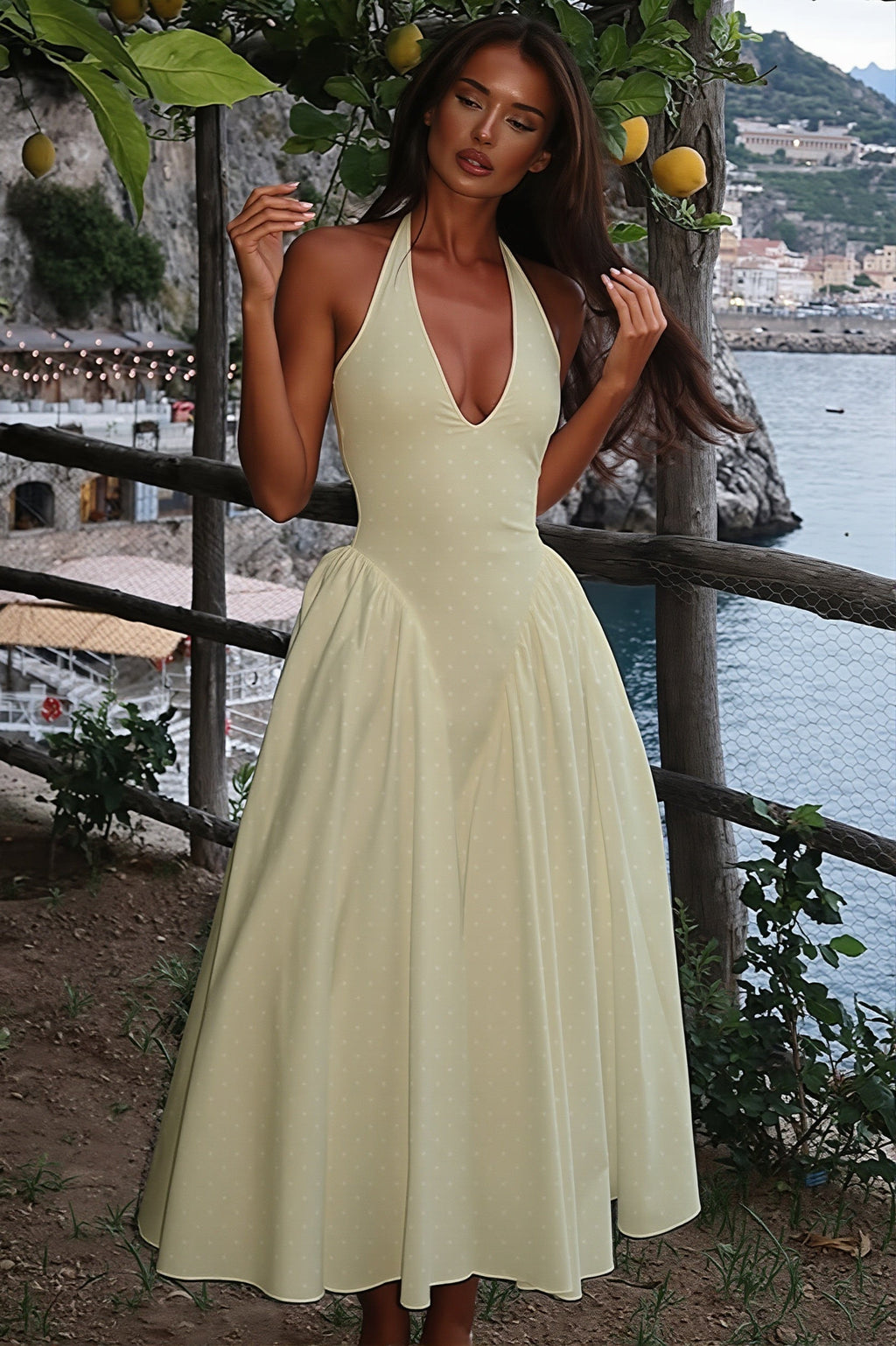 Polka Dot Halter Deep-V Maxi Dress