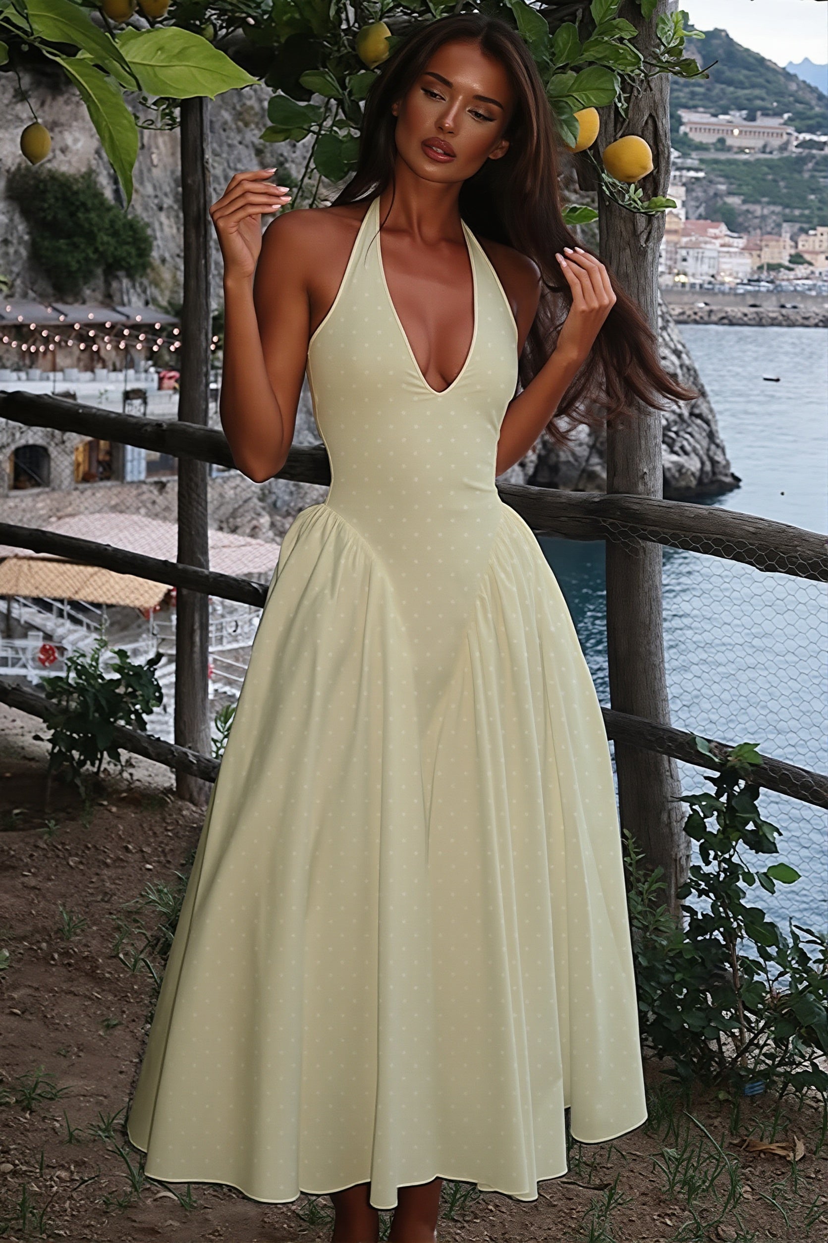 Polka Dot Halter Deep-V Maxi Dress