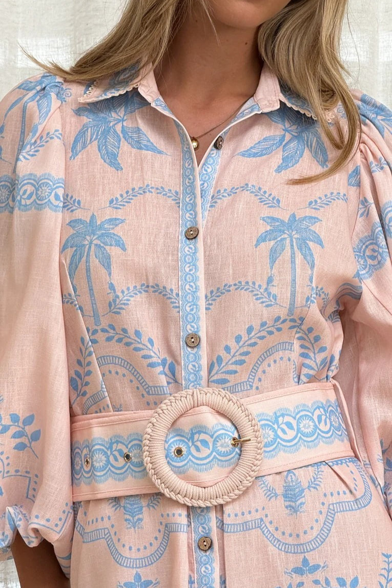 Linen Puff-Sleeve Boho Dress