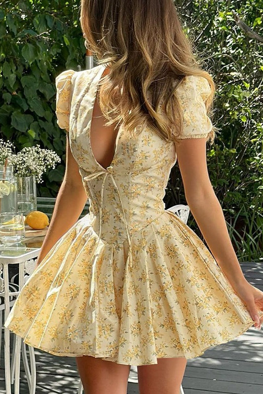 Floral V-Neck Ruched Mini Dress