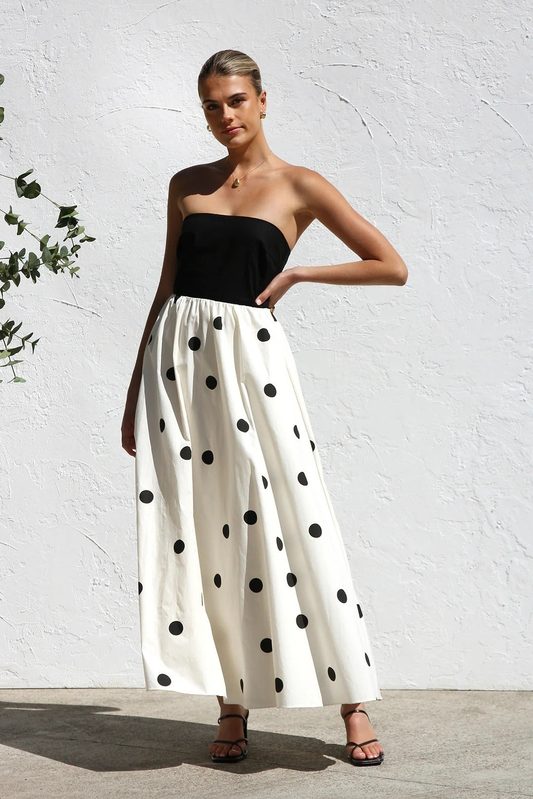 Polka Dot Strapless A-Line Maxi Dress