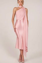 One-Shoulder Mesh-Satin Maxi Dress