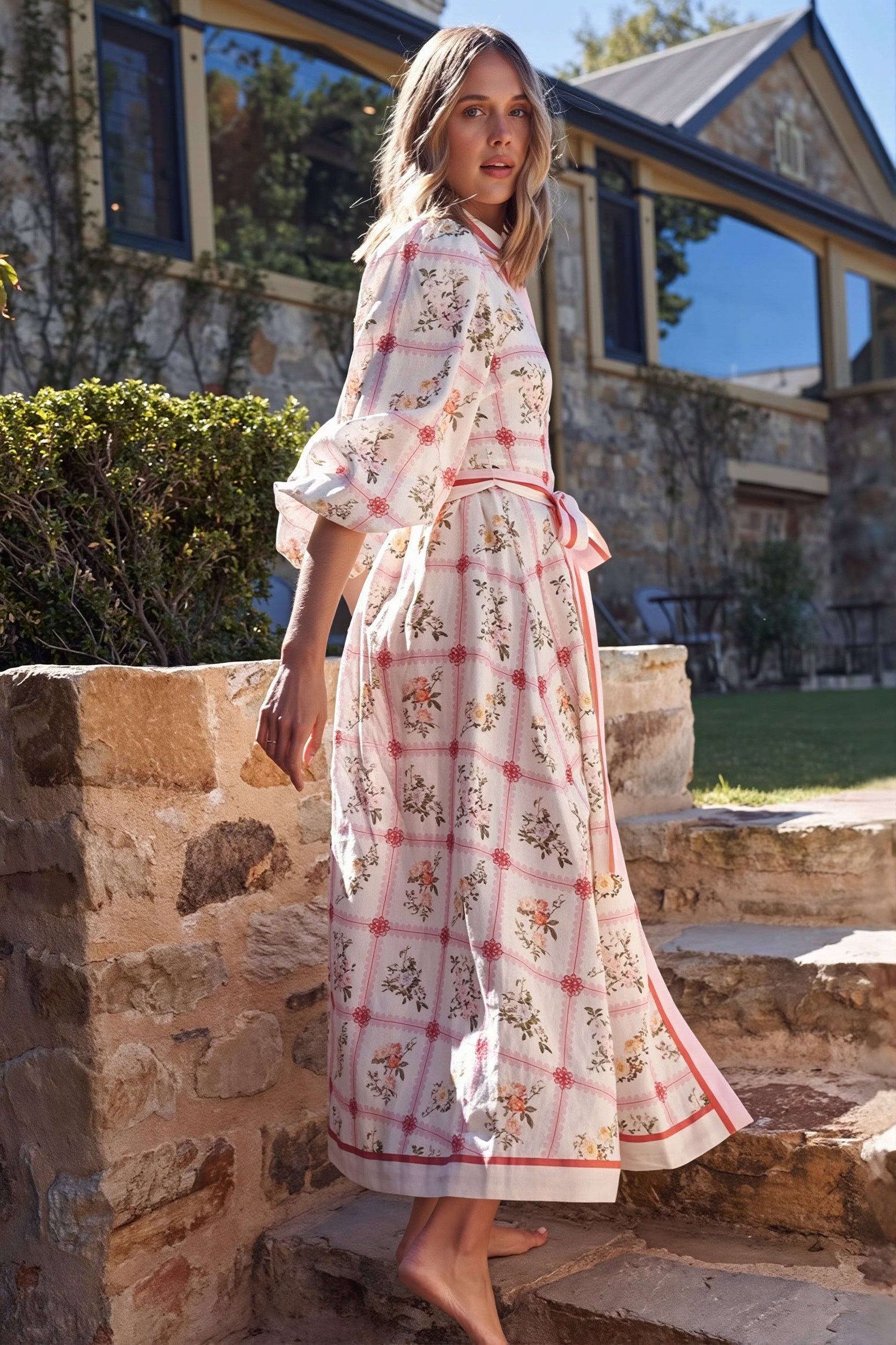 Floral Linen Tie Boho Dress