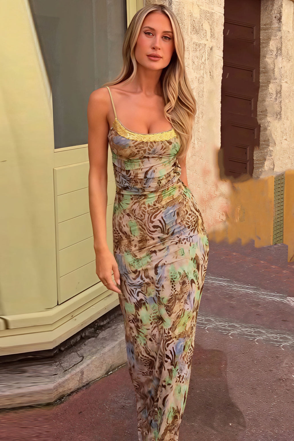 Leopard Cutout Backless Cami Maxi Dress