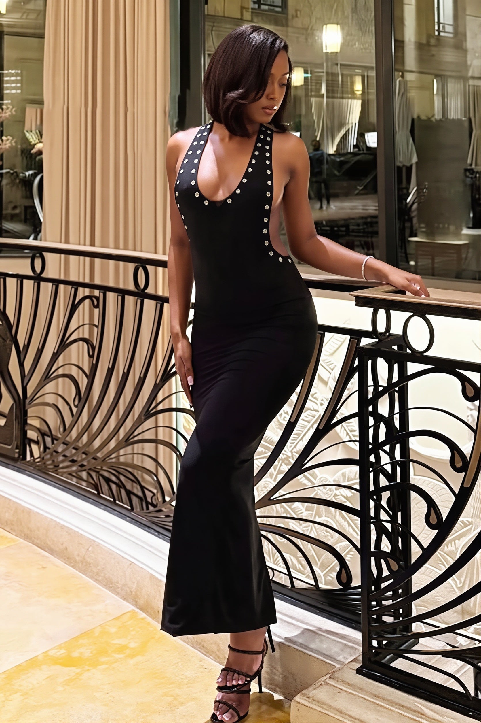 Metal-Detail Backless Split Maxi Dress