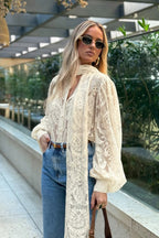 Sheer Lace Tie Long-Sleeve Blouse