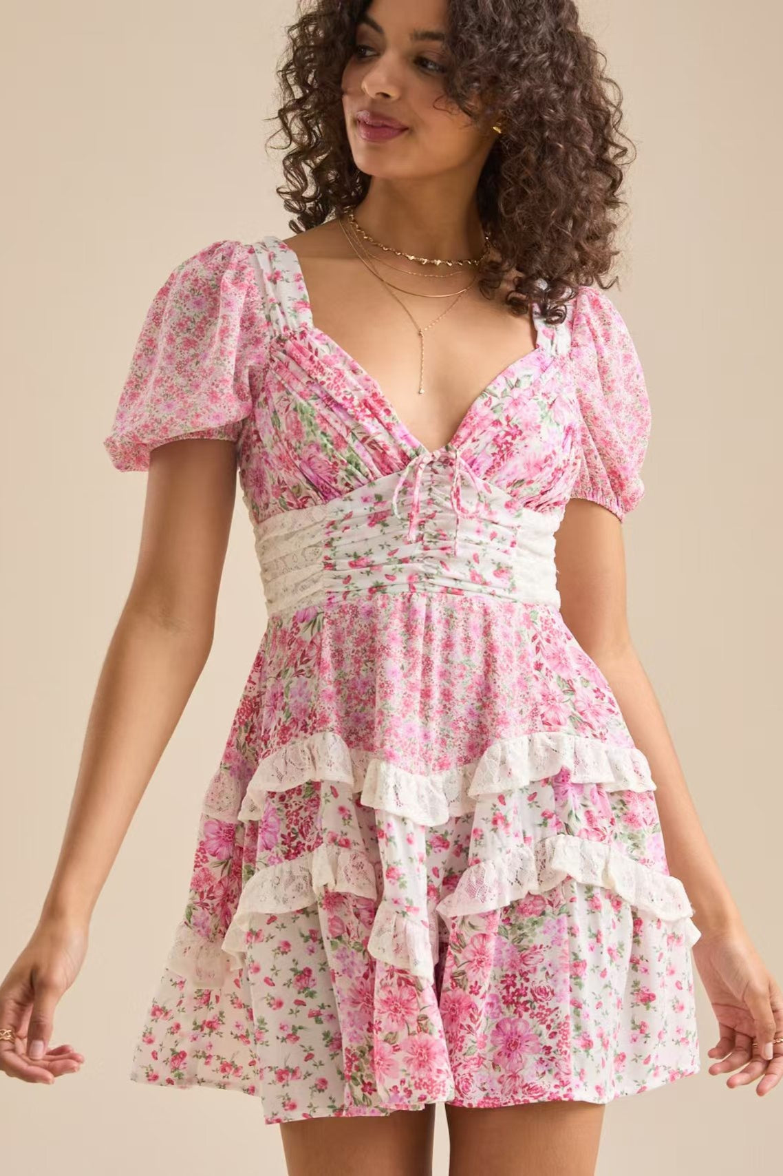 Floral Lace-Patchwork Puff-Sleeve Mini Dress
