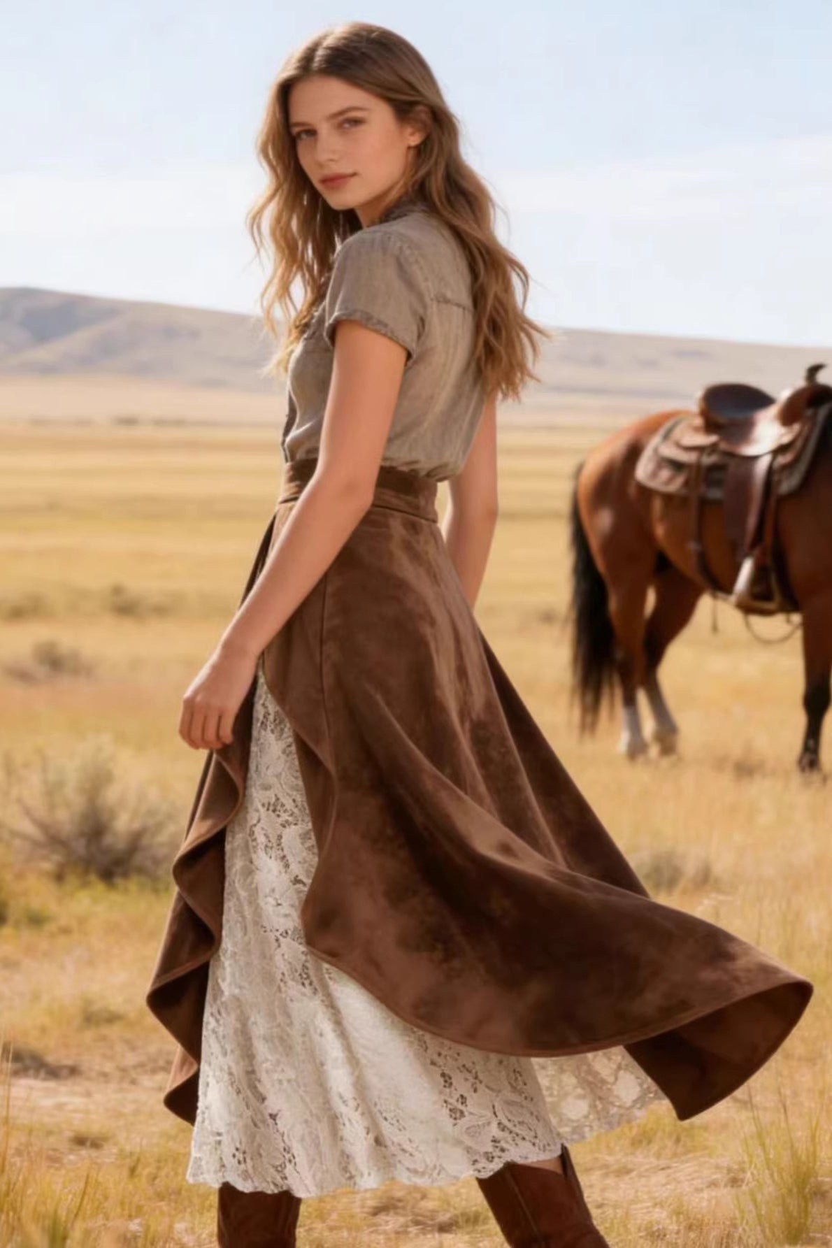 Suede Lace-Panel Midi Skirt