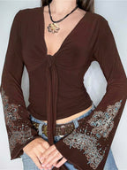 Vintage Print V-Neck Long-Sleeve Top