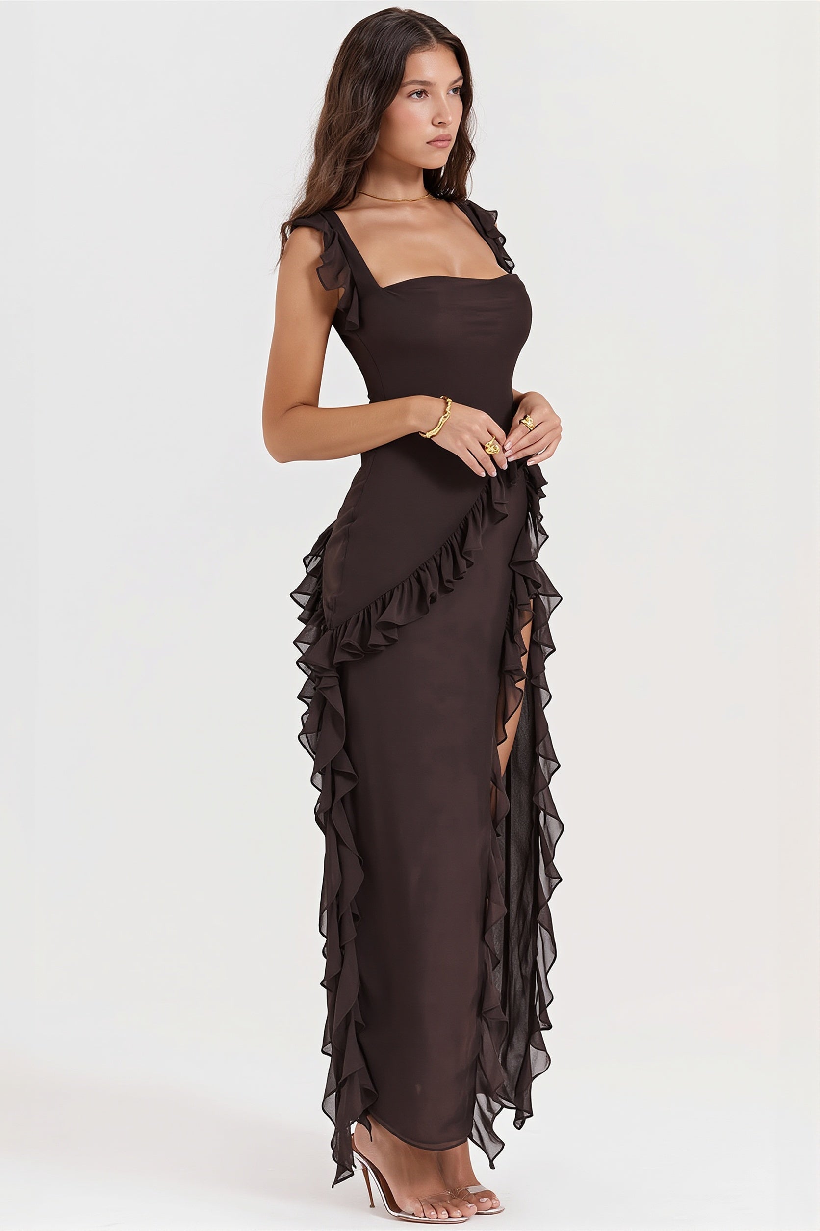 Ribbon Ruffle-Splice Slit Maxi Dress