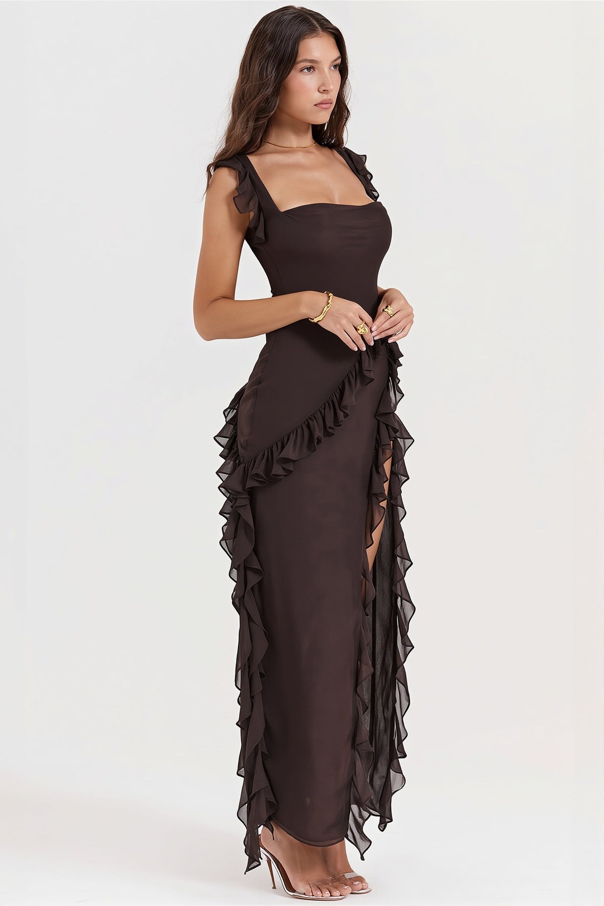 Ribbon Ruffle-Splice Slit Maxi Dress