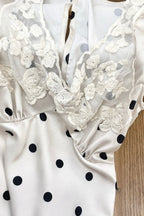 Polka Dot Lace-Splice Satin Maxi Dress