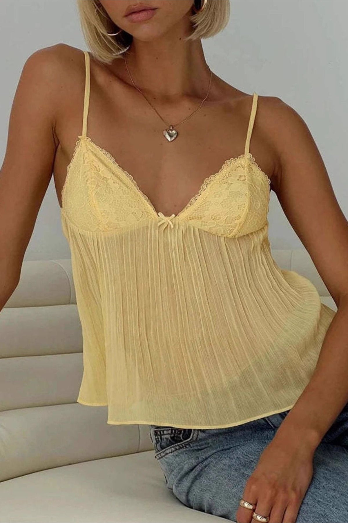 Lace Ruched Sheer Cami Top