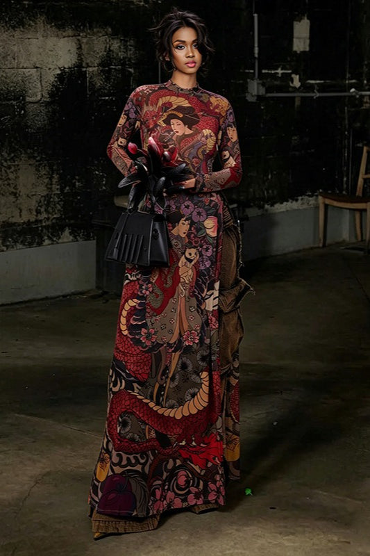 Round-Neck Print Waist-Tie Slit Maxi Dress