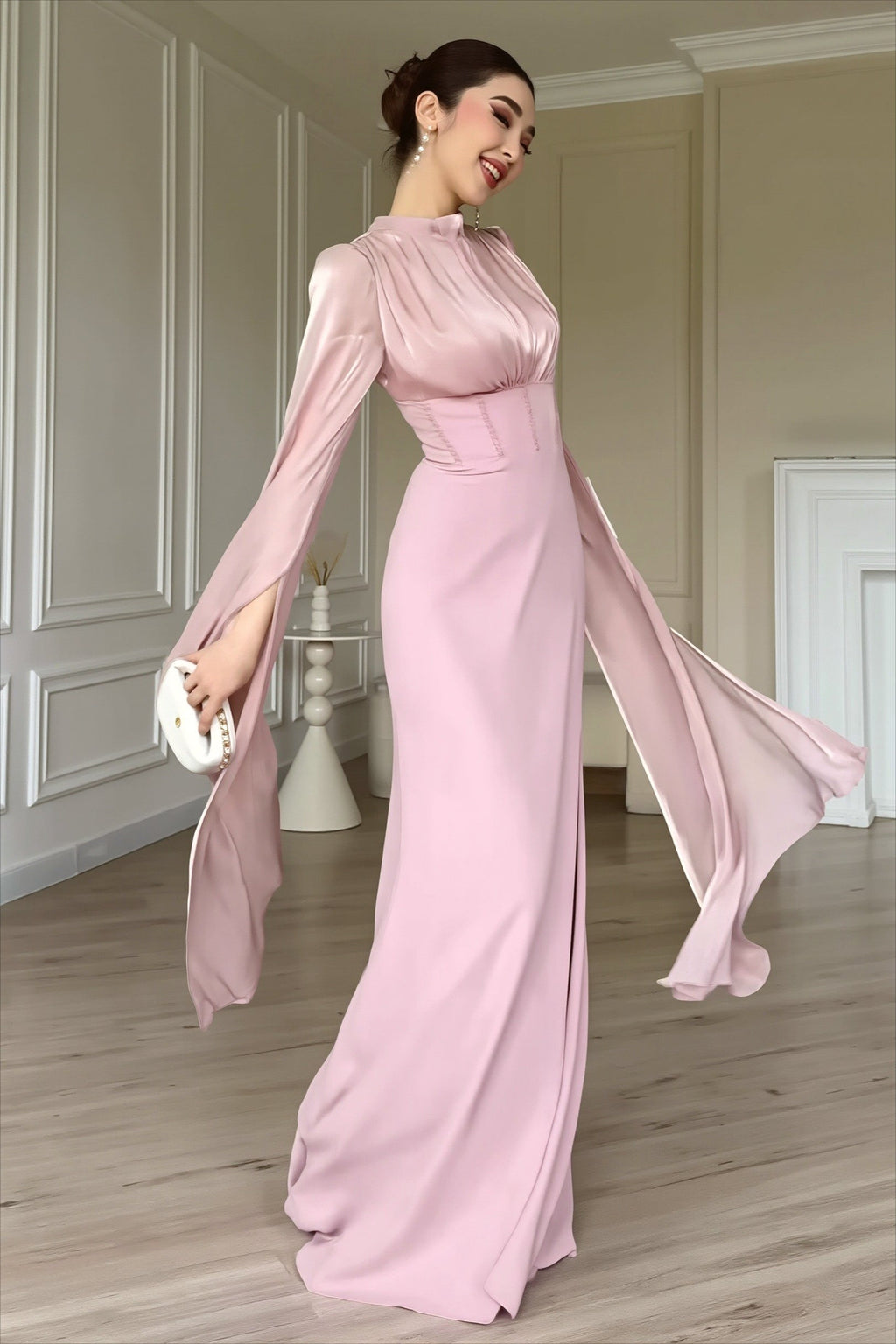 Glossy Flowy-Sleeve Slim Maxi Dress