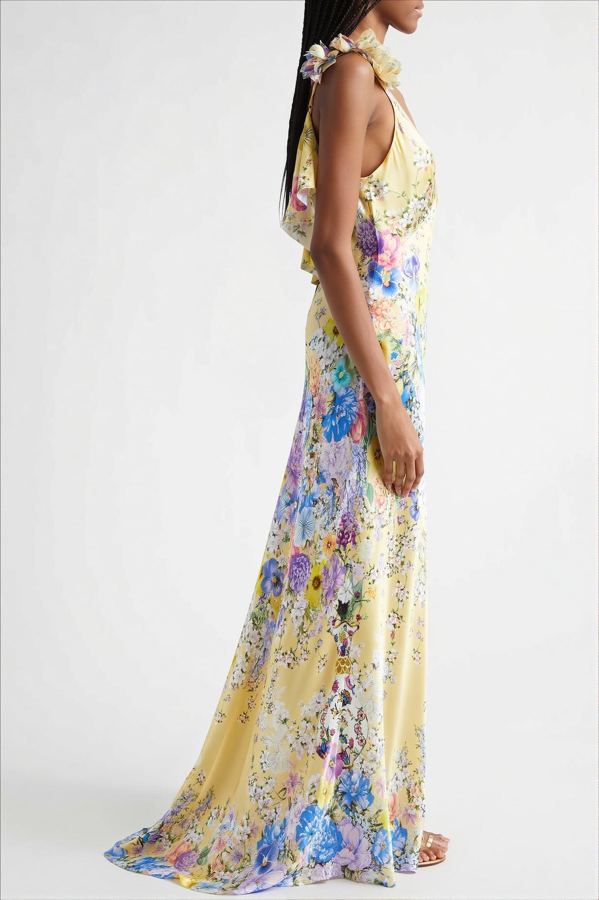 Floral Ruffle-Strap Backless Maxi Dress