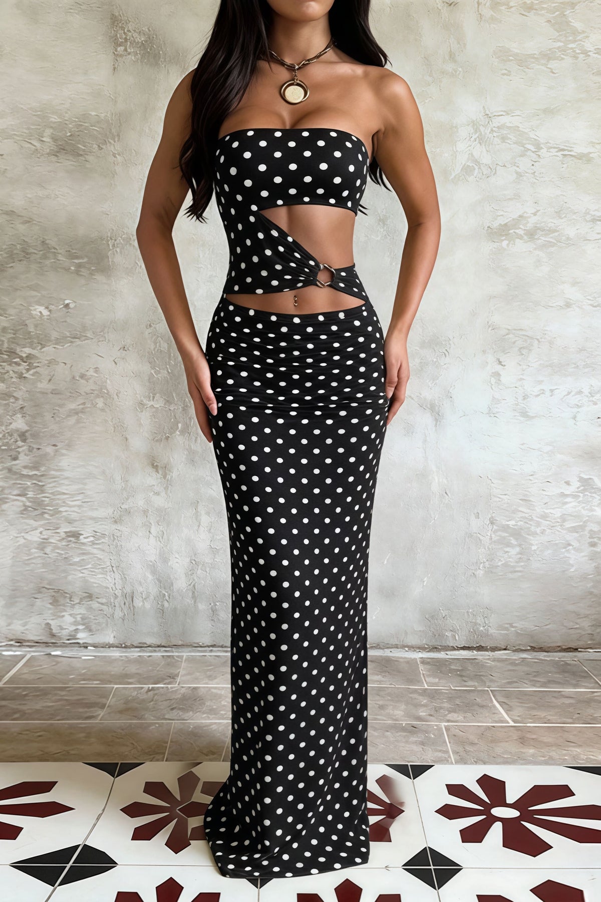 Printed Strapless Cutout Bodycon Maxi Dress