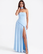 Serena Blue Strapless Crepe Maxi Dress