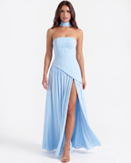 Serena Blue Strapless Crepe Maxi Dress