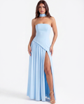 Serena Blue Strapless Crepe Maxi Dress