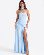 Serena Blue Strapless Crepe Maxi Dress