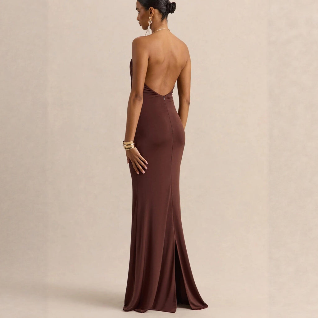 Ruffle Cowl-Neck Bodycon Maxi Dress