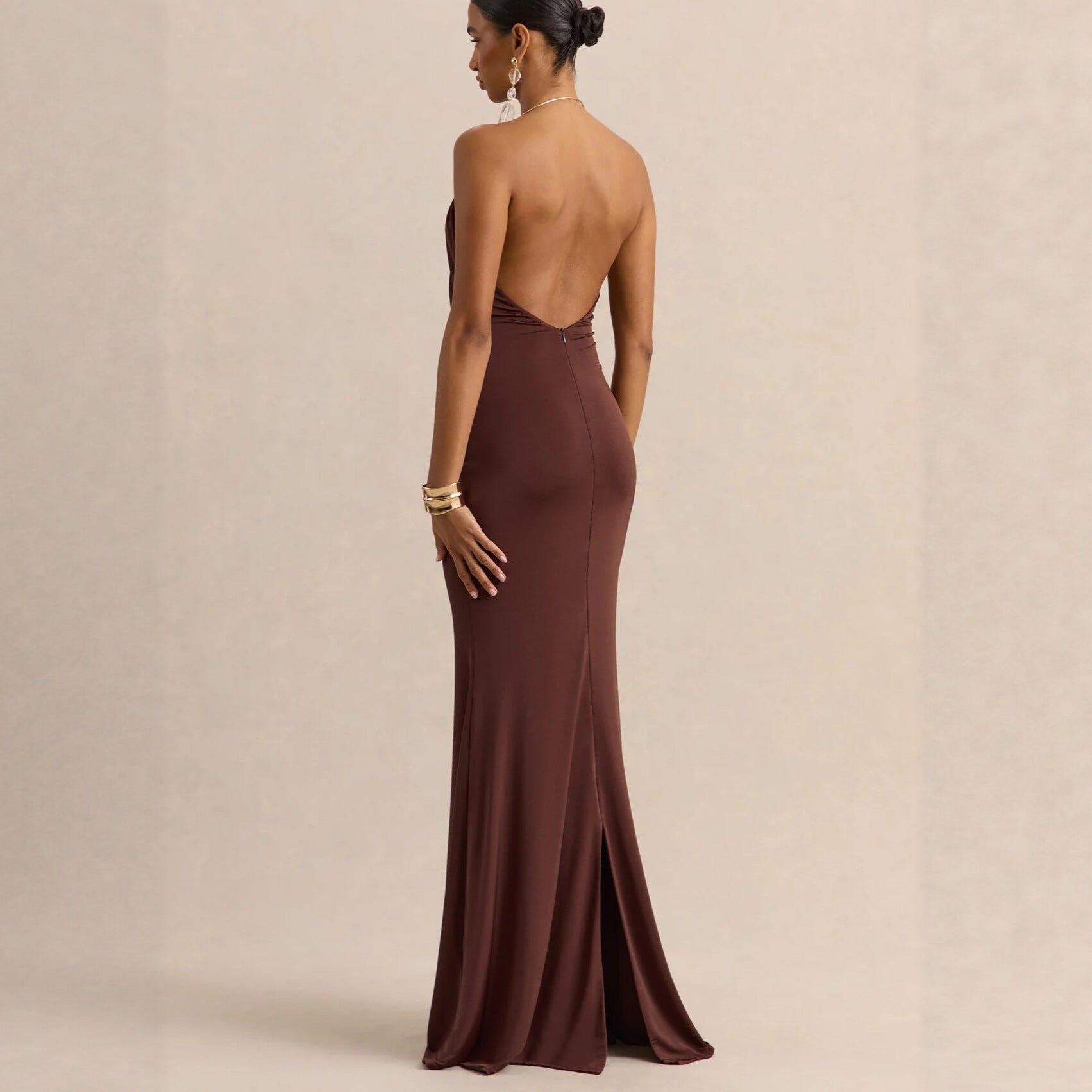 Ruffle Cowl-Neck Bodycon Maxi Dress