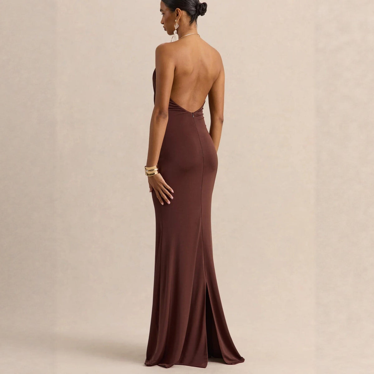 Ruffle Cowl-Neck Bodycon Maxi Dress