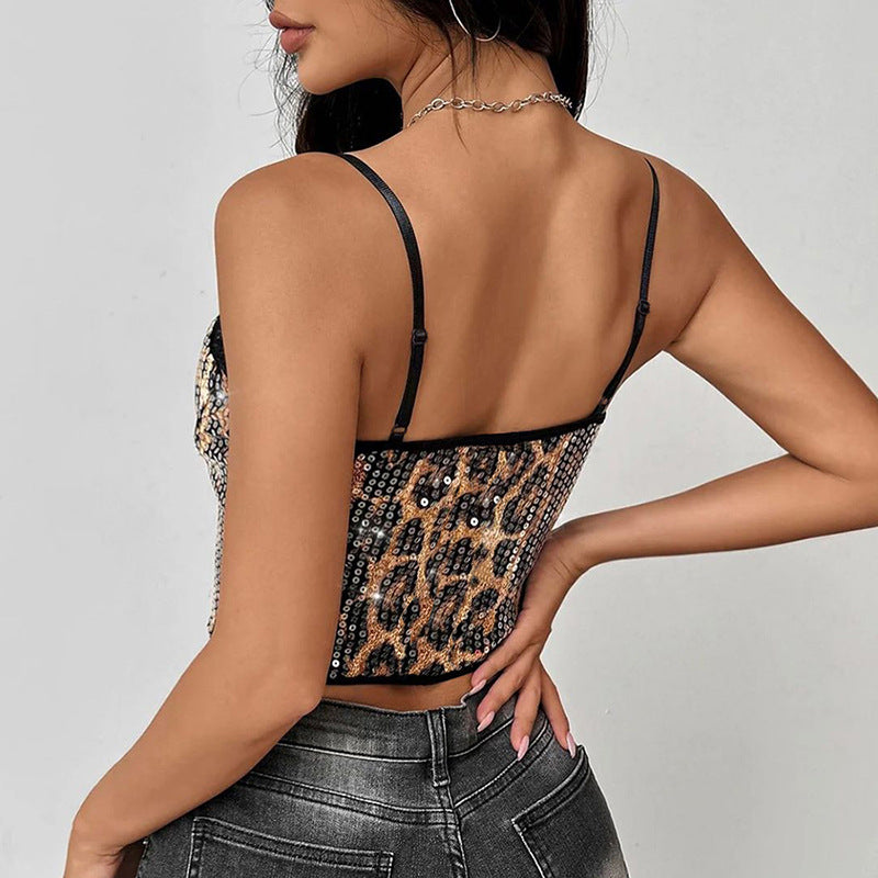Lace-Sequin Leopard Cami Top