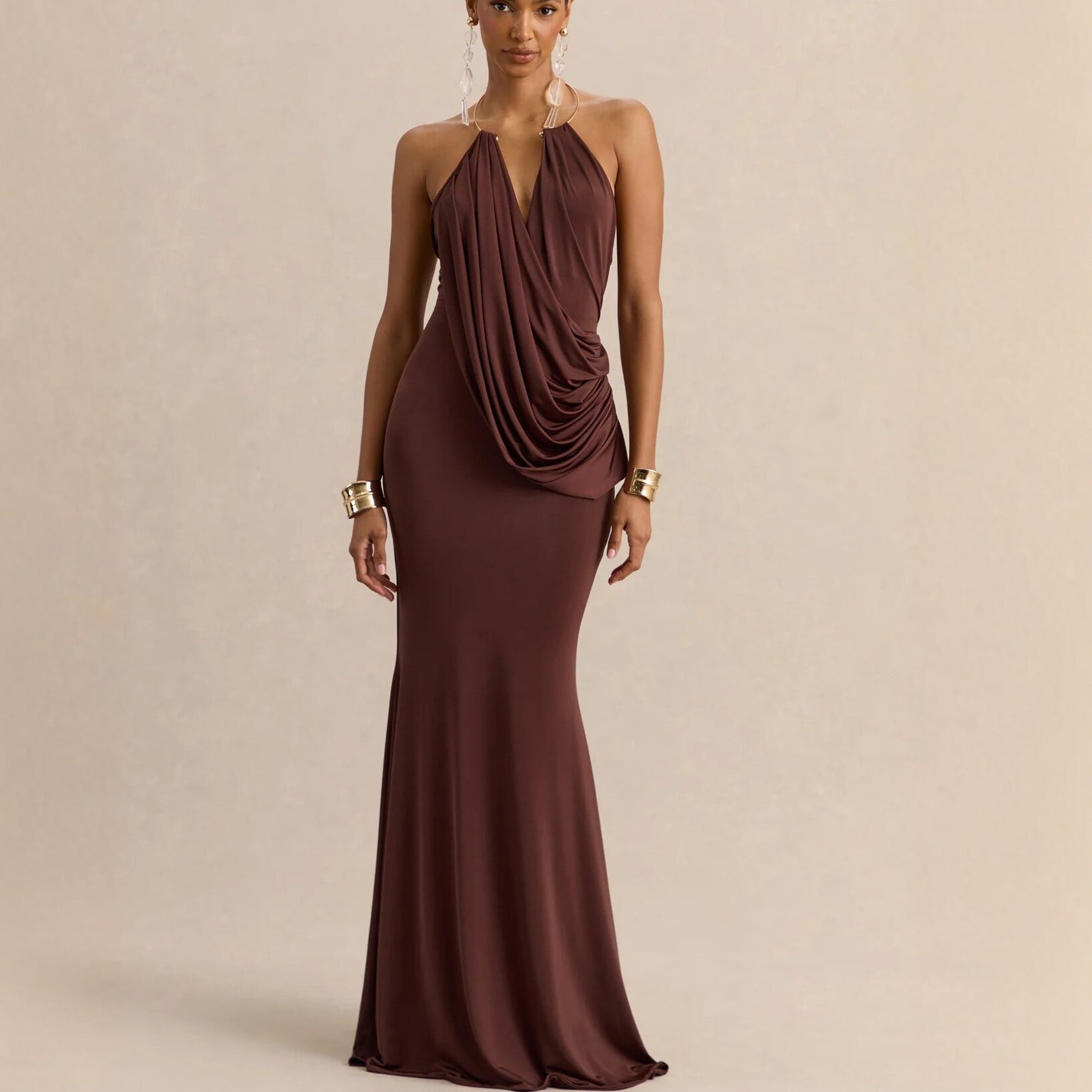 Ruffle Cowl-Neck Bodycon Maxi Dress