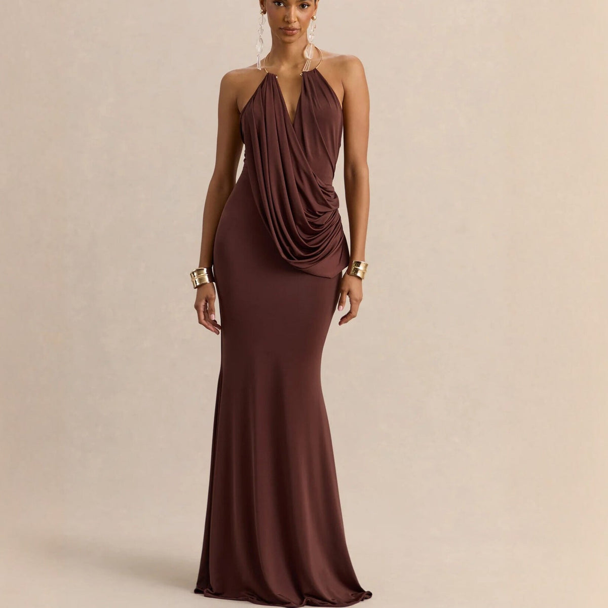 Ruffle Cowl-Neck Bodycon Maxi Dress