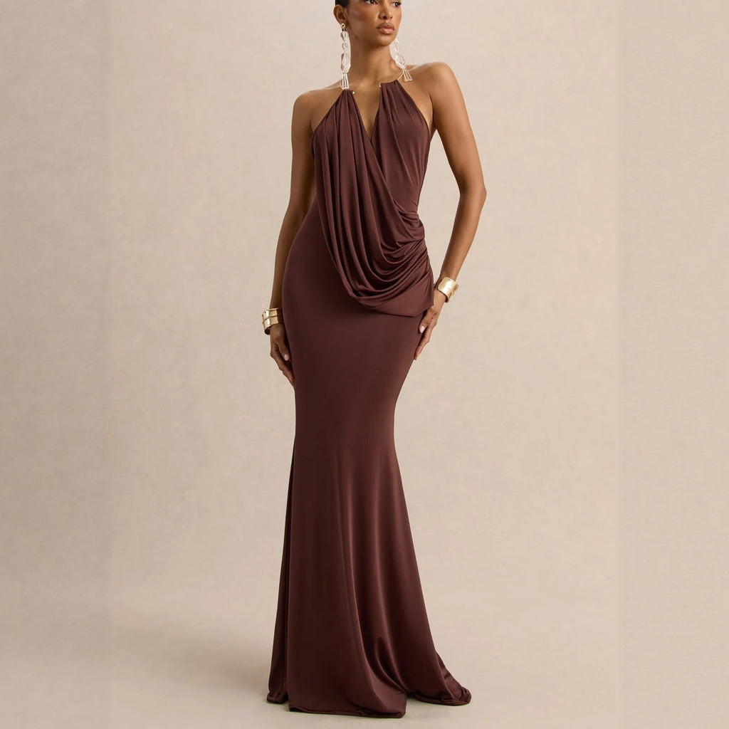 Ruffle Cowl-Neck Bodycon Maxi Dress