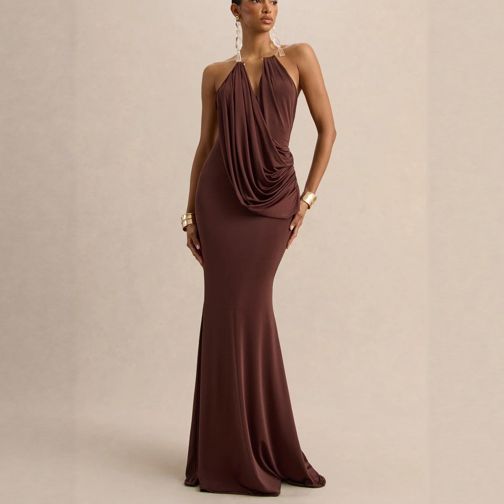 Ruffle Cowl-Neck Bodycon Maxi Dress