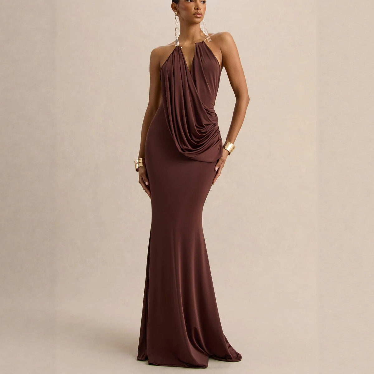 Ruffle Cowl-Neck Bodycon Maxi Dress