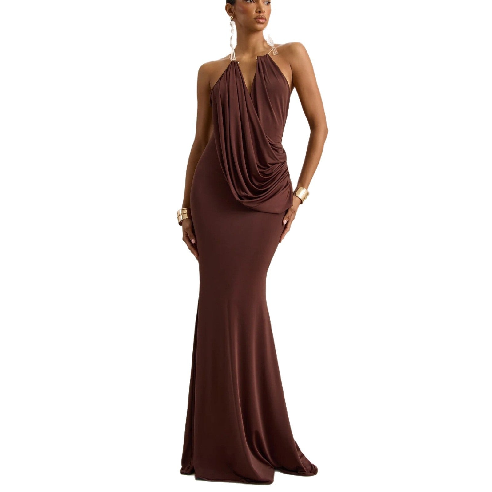 Ruffle Cowl-Neck Bodycon Maxi Dress