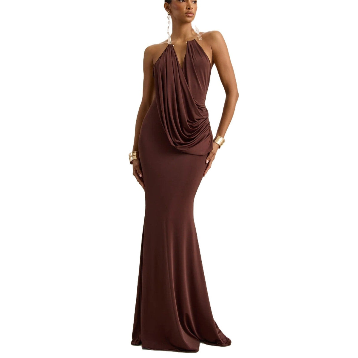 Ruffle Cowl-Neck Bodycon Maxi Dress