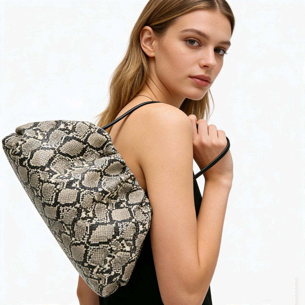 Ruched Snake-Pattern Dumpling Bag