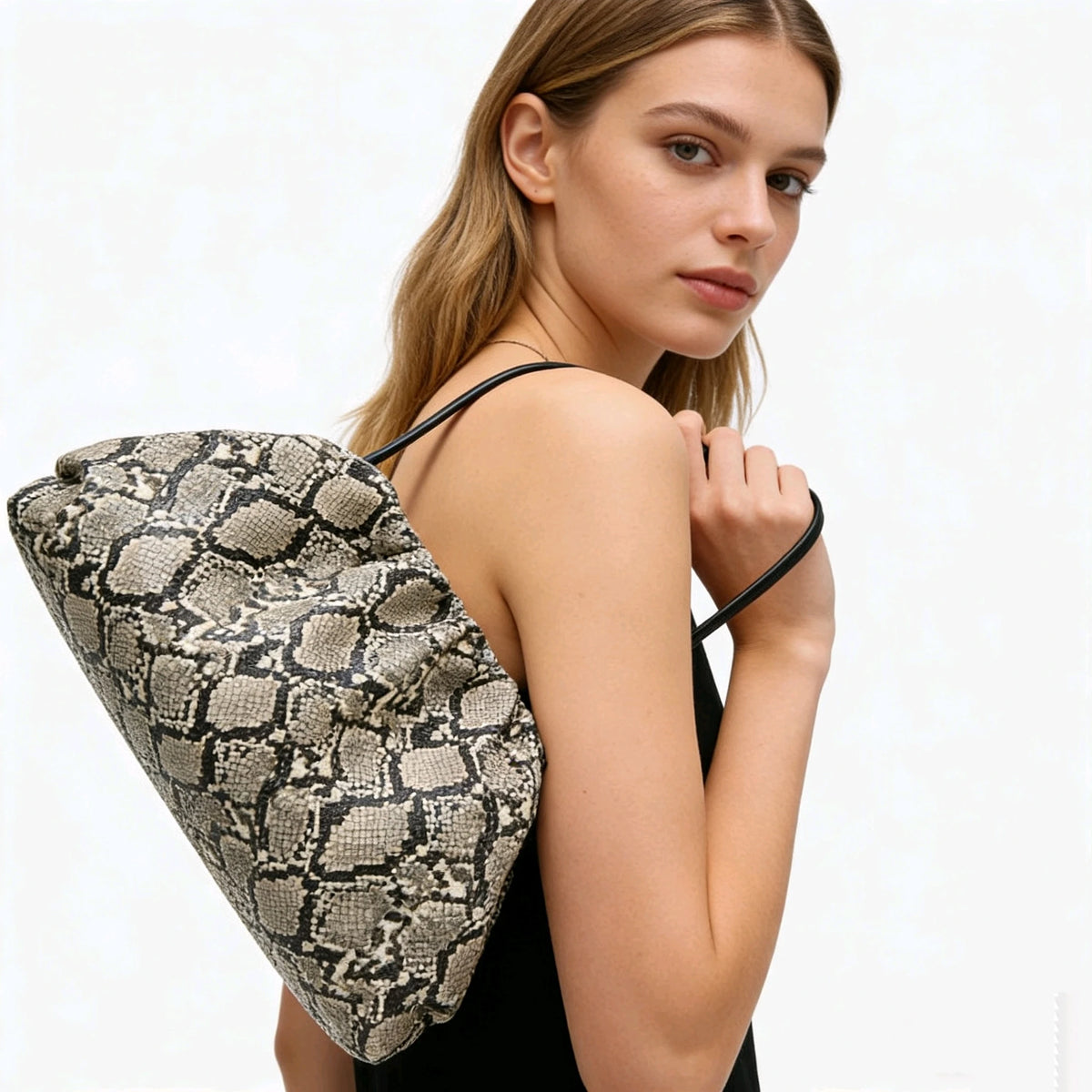 Ruched Snake-Pattern Dumpling Bag