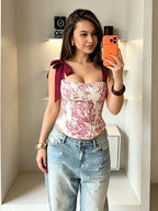 Print Bow-Tie Lace-Up Corset Top
