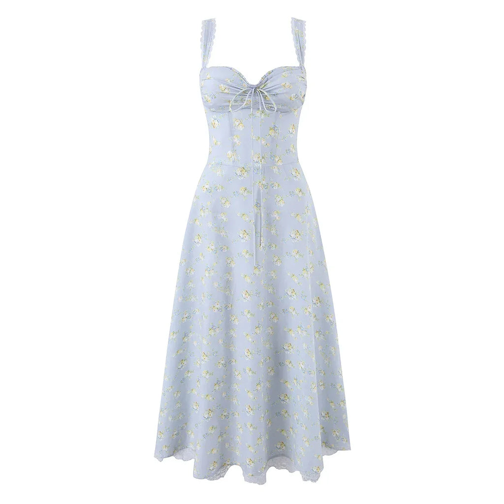 Light Blue Floral Sweetheart Ruffle-Strap Dress