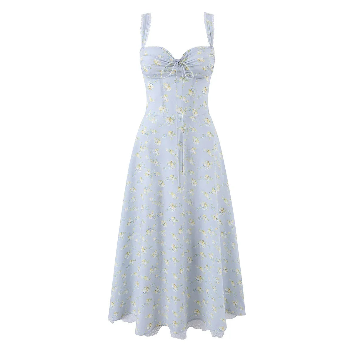 Light Blue Floral Sweetheart Ruffle-Strap Dress