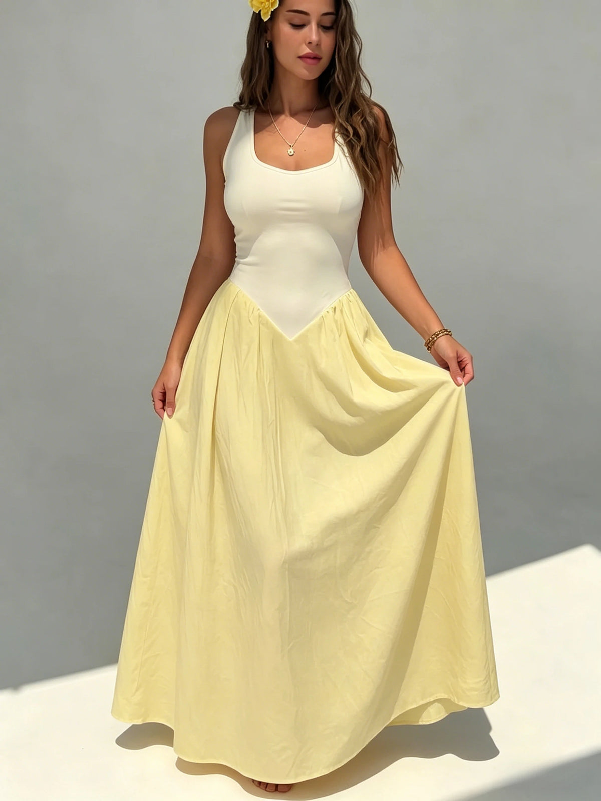 Color-Block Sleeveless A-Line Maxi Dress